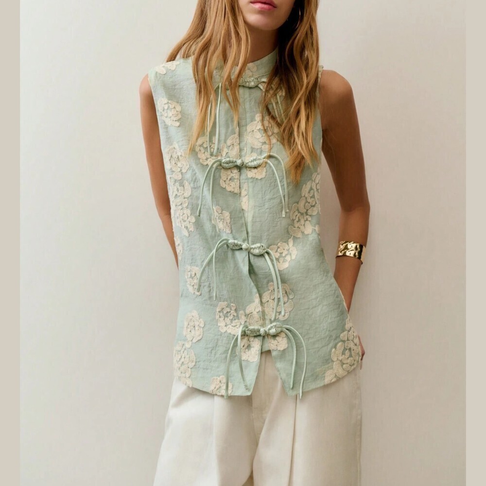 Pale Mint Green Floral Jacquard Tie Front Stand Collar Tank Top